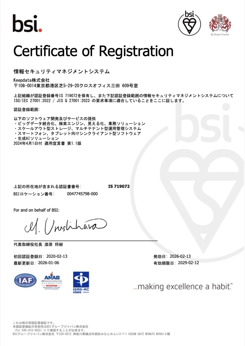 ISMS認証登録証（ISO/IEC 27001 登録番号 IS 719072）